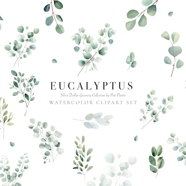 Eucalyptus Clipart aquarelle ensemble - botanique verdure Clipart pour faire-part de mariage - aquarelle Eucalyptus Clipart Silver Dollar verdure