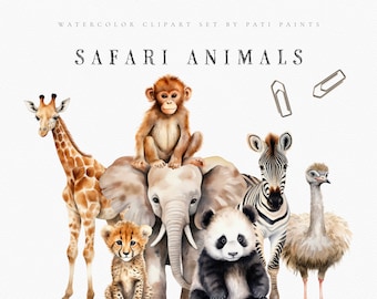 Paquete de imágenes prediseñadas de animales de Safari de acuarela - Planificador digital - Scrapbooking - Imágenes prediseñadas de animales salvajes PNG - Animales de la selva - Arte de vivero - Arte de pared