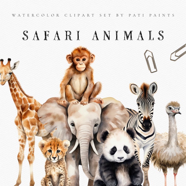 Watercolor Safari Animals Clipart Bundle - Digital Planner - Scrapbooking - Wild Animal PNG Clipart - Jungle Animal - Nursery Art - Wall Art