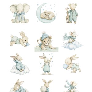 May include: Watercolor clipart pack featuring various baby animals, including an elephant, lion, bear, and rabbits, all in soft pastel colors. The illustrations include a sleeping bunny on a crescent moon and a mouse on a cloud. The text "Cloudy Snuggles" is at the top.