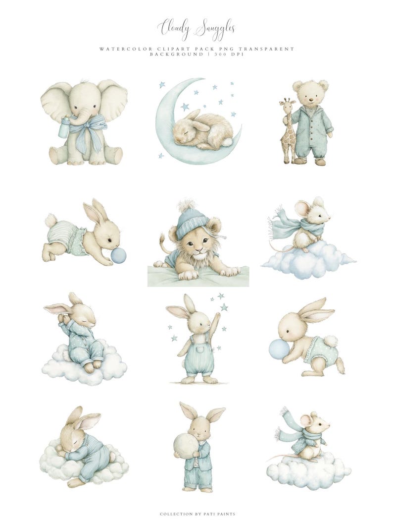 May include: Watercolor clipart pack featuring various baby animals, including an elephant, lion, bear, and rabbits, all in soft pastel colors. The illustrations include a sleeping bunny on a crescent moon and a mouse on a cloud. The text "Cloudy Snuggles" is at the top.