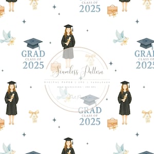 Graduation Seamless Pattern Class of 2025 - Digitales Aquarell Papier mit Mädchen graduate, Cap, Diploma JPG Instant Download - Korsett Muster