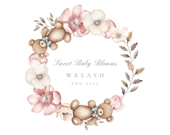 Couronne de fleurs aquarelle bébé fille - Baby Shower Clipart Invitation - cadre mignon aquarelle - Nursery Clipart - PNG imprimable - Nursery Art