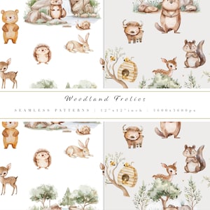 Set di carta digitale per animali del bosco per acquerello - Modello senza cuciture - Sfondo digitale - Carta per acquerello per vivaio - Animali della foresta - Orso selvatico