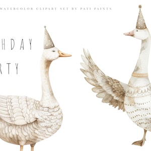 Conjunto de imágenes prediseñadas de ganso blanco - Arte de pared de vivero de acuarela - Animales de granja - Imágenes prediseñadas de feliz cumpleaños - Imágenes prediseñadas de aves silvestres - Uso comercial - Cutes