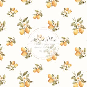 May include: Seamless pattern featuring watercolor illustrations of lemons, leaves, and white blossoms. The design includes the text "Seamless Pattern" in a circular frame, with additional text below. The pattern is set against a cream-colored background.