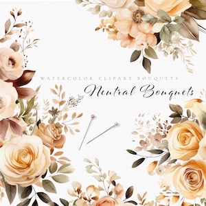 Pacchetto Clipart bouquet floreali acquerello - Clipart preconfezionato - ClipArt bouquet naturale - Clipart matrimonio - Disposizioni acquerello - Neutro
