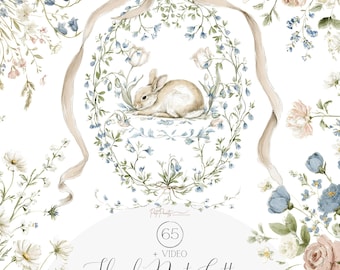 Clipart de cabaña con nido floral - 65 elementos PNG - Conjunto de flores de conejito en acuarela - PNG floral estilo cottagecore - Colección de viveros de prados de flores silvestres
