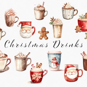 商用利用のための水彩画のクリスマスドリンク クリップアート セット - デジタル プリント - 冬のデザート ドリンク クリップアート バンドル - クリスマス招待状 PNG
