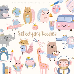 Puede incluir: Ilustraciones en acuarela con temática escolar, con animales como un mapache, una ardilla y un erizo. La imagen incluye un autobús escolar rosa, lápices y el texto "Schoolyard Doodles".