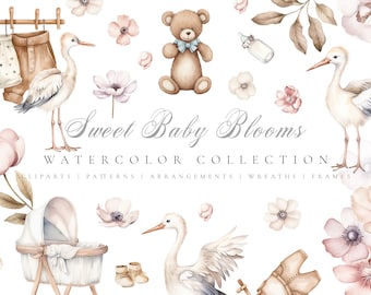 Watercolor Newborn Clipart - Floral Frame - Stork Carrying Baby - Watercolor Nursery Art - Welcome Baby Clipart - Baby Shower - Maternity