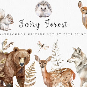Bundle de cliparts forêt féerique aquarelle - clipart numérique pour enfants - clipart forêt - animaux aquarelle - clipart magique - clipart fantastique