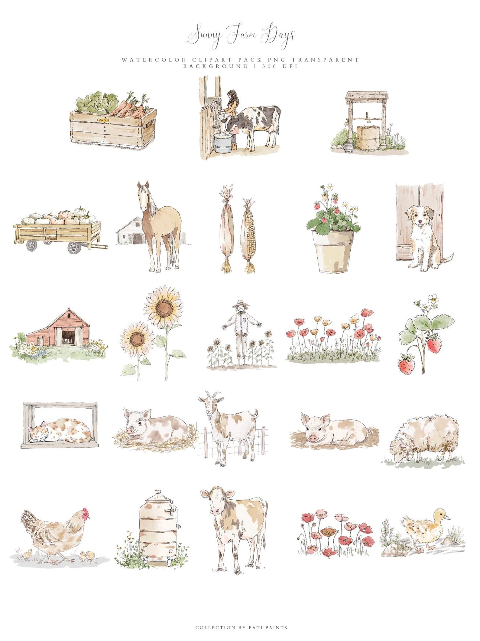 Watercolor Farm Clipart Bundle - Cute Farm Animals PNG - Transparent ...