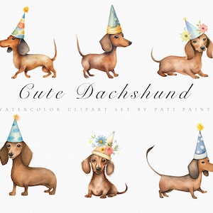 Niedliches Dackel Clipart Bundle - Alles Gute zum Geburtstag Clipart - Aquarell Hunde Clipart - Geburtstag einladen - Aquarell Haustier Clip Art - Geburtstag Hunde