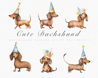 Lindo paquete de imágenes prediseñadas de Dachshund - Imágenes prediseñadas de feliz cumpleaños - Imágenes prediseñadas de perros de acuarela - Invitación de cumpleaños - Imágenes prediseñadas de mascotas de acuarela - Perros de cumpleaños