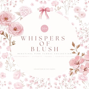 Clipart de acuarela rosa ruborizado - Flores con patrón sin costuras, lazo - Marco - Elementos florales suaves para boda - Flores vintage Grandmillennial