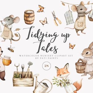 Conjunto de imágenes prediseñadas de limpieza de primavera en acuarela: uso comercial: animales lindos en acuarela: cuentos de limpieza: imágenes prediseñadas de ratón, oso de guardería, limpieza