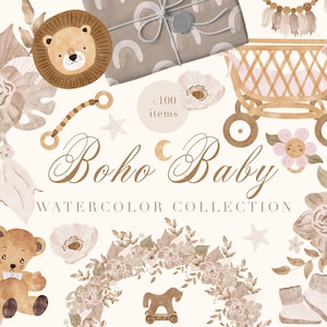 Boho Baby Aquarell Kollektion - Boho Baby Shower Einladung Clipart - Aquarell Baby Tiere - Aquarell Ballon - Nahtloses Muster S49