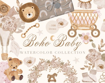 Boho Baby Watercolor Collection - Boho Baby Shower Invitation Clipart - Watercolor Baby Animals - Watercolor Balloon - Seamless Pattern S49