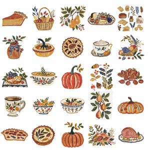 May include: Watercolor clipart pack featuring various autumn-themed illustrations. Includes pumpkins, pies, pears, bowls, and a basket. The images are in shades of orange, brown, and green, with the text "Collection by Pate Paints".