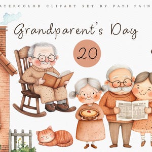 Paquete de imágenes prediseñadas del Día de los Abuelos en acuarela: Ilustración del abuelo, abuela, casa de los abuelos, uso comercial, descarga digital