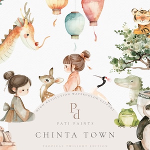 Pacchetto di clipart cinesi dell'acquerello, ClipArt di China Town dell'asilo nido, Decorazioni per la doccia per bambini, Uso commerciale, Diario spazzatura, Pacchetto di clipart dell'asilo nido, Chine