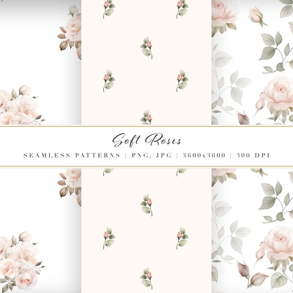 Watercolor Soft Roses Digital Paper Set Floral Seamless Pattern Wedding Floral Watercolor Paper Texture Dusty Pink Roses Delicate Flowers