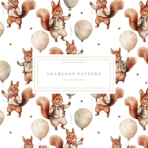 Cute Squirrel with Balloon Digital Paper - Watercolor Seamless Pattern - Watercolor Seamless Pattern for Kids - Planner Supplies - Animals