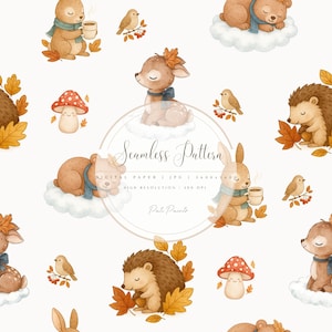 May include: Watercolor seamless pattern featuring woodland animals like bears, deer, hedgehogs, and rabbits. The illustrations include autumn leaves, mushrooms, and birds, all set against a white background. The pattern is ideal for digital paper.