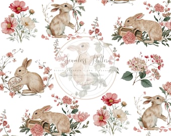 Motif floral sans couture aquarelle lapin, papier numérique sans couture lapin, conception de Pâques de printemps cottagecore, tissu lapin à imprimer, chambre de bébé