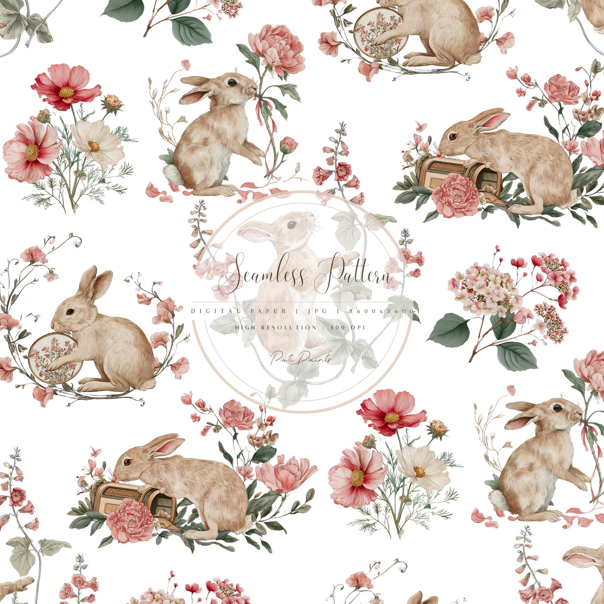 Watercolor Bunny Floral Seamless Pattern, Rabbit Seamless Digital Paper ...