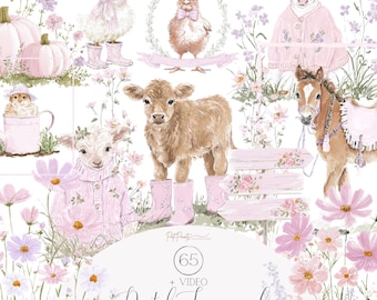 Watercolor Pastel Farmyard Animals Clipart Set 65 PNG Elements with Cute Calf, Pony, Duck, Lamb, Floral Boots, Pink Country Style, Farm PNG