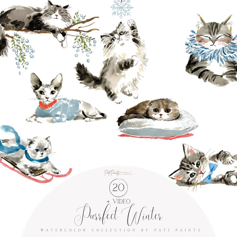Watercolor Winter Cats Clipart, Christmas Kittens PNG, Cozy Cat ...