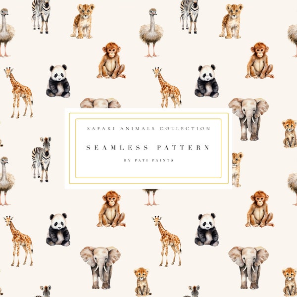 Safari Animals Seamless Pattern - Tissu pour enfants - Papier numérique - Scrapbooking - Jungle Animal Paper - Éléphant Girafe Zèbre Lion Panda