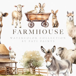Boerderij aquarel clipart-boerderij dieren clipart-aquarel erf digitale clipart set-schattige boerderijdieren-cute boerderij schuur clipart