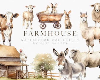 Imágenes prediseñadas de acuarela de granja - Imágenes prediseñadas de animales de granja - Conjunto de imágenes prediseñadas digitales de corral de acuarela - Animales de granja lindos - Imágenes prediseñadas de granero de granja lindo