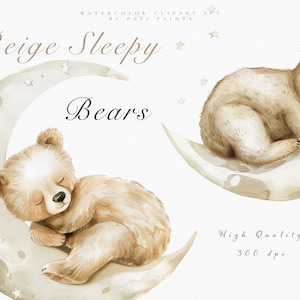 Schlafender Bär auf dem Mond Clipart Bundle - Aquarell Teddy Bär Clipart - Babyparty einladen - Kinderzimmer Clipart - Aquarell Bär Clipart