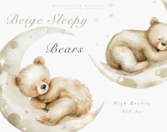 Sleeping Bear on the Moon Clipart Bundle - Watercolor Teddy Bear Clipart - Baby Shower Invite - Nursery Clipart - Watercolor Bear Clipart