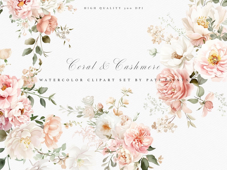 May include: Watercolor clipart set of coral and cashmere flowers. The set includes a variety of pink and white flowers, including roses, peonies, and hydrangeas. The flowers are arranged in a loose, flowing style, and the background is a soft white.