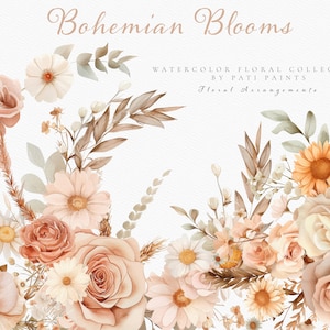 Bundle de cliparts bouquets de fleurs bohèmes - aquarelle fleurs de mariage Clipart - fleurs Boho - Clipart mariage - vente illimitée sous licence art