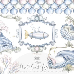 Aquarel oceaan steampunk clipart set - vintage zeedieren 68 png - nautische onderzeeër dolfijn shell graphics - zomer blauwe clipart