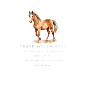 Puede incluir: Una pintura de acuarela de un caballo marr&oacute;n con una estrella blanca en la cara. La pintura est&aacute; sobre un fondo blanco con el texto "THANK YOU SO MUCH" y los identificadores de redes sociales para @pati.paints.