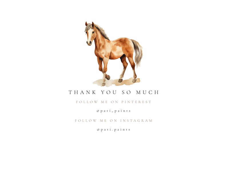 Puede incluir: Una pintura de acuarela de un caballo marr&oacute;n con una estrella blanca en la cara. La pintura est&aacute; sobre un fondo blanco con el texto "THANK YOU SO MUCH" y los identificadores de redes sociales para @pati.paints.
