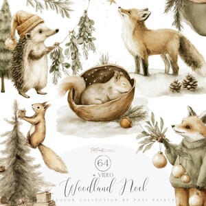 Può includere: Illustrazione ad acquerello con animali del bosco e decorazioni natalizie. Un riccio con un cappello decora con il vischio, uno scoiattolo si arrampica su un albero e una volpe guarda in alto. Il testo "Woodland Noel" è visualizzato sotto.