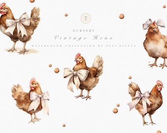 Watercolor Chicken Clipart - Cute Hen with Ribbon Digital Clipart - Nursery Wall Art - Farmhouse Clipart - Farm Animal Clipart - Scrapbook
