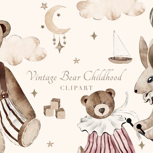 Vintage Bear Art Clipart - aquarel Bear kwekerij - baby shower uitnodiging - pasgeboren illustraties - baby speelgoed voor pasgeboren - clipart PNG #S50e