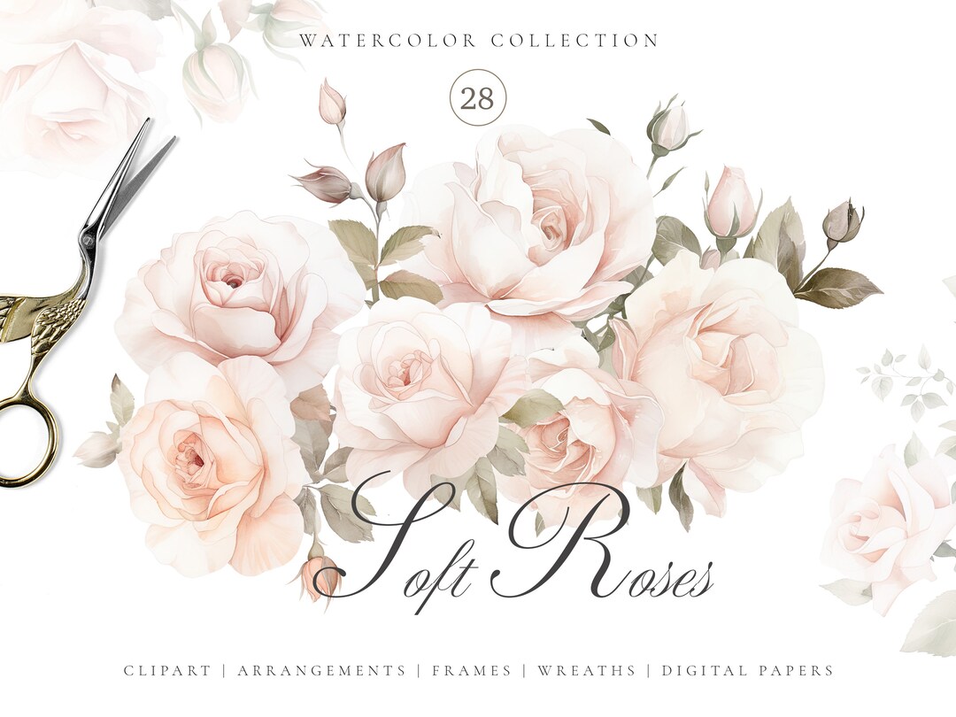 Watercolor Soft Roses Clipart for Wedding Invite Digital Paper Set ...