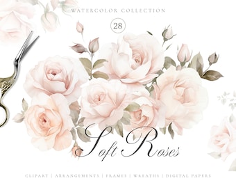 May include: Watercolor illustration of a bouquet of soft pink roses with green leaves and stems. The illustration is titled "Soft Roses" and includes the text "Clipart | Arrangements | Frames | Wreaths | Digital Papers".
