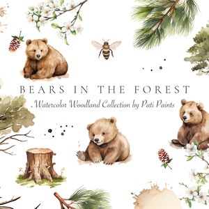 Aquarell Bär im Wald Clipart für Babyparty Wald Herbst Tier Clipart Bär Baum Wald Clipart nahtlose Muster niedlich Wald