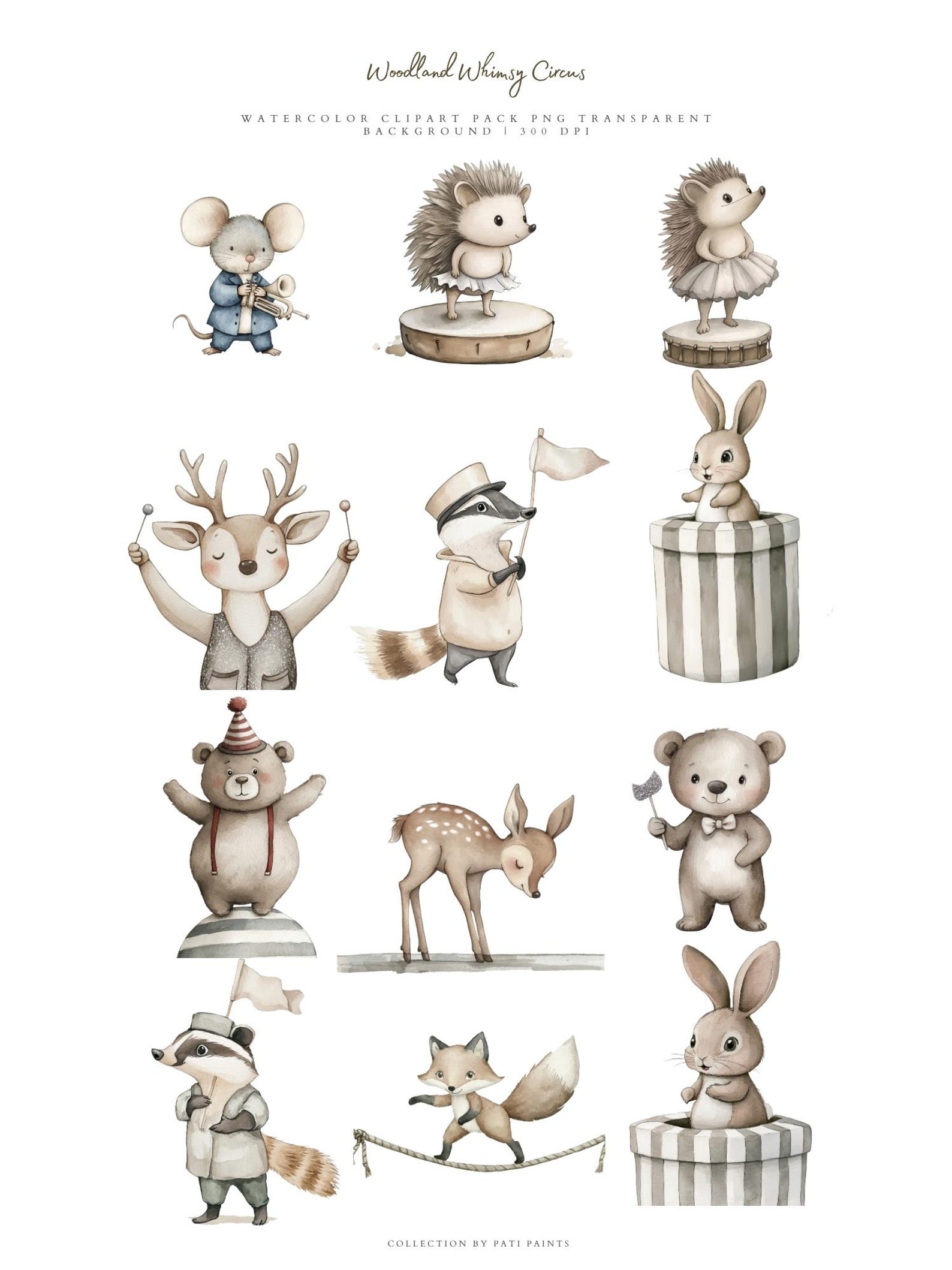 Woodland Circus Animals Clipart, Watercolor Forest Creatures PNG, Cute ...